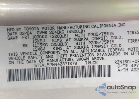 2004 Toyota Tacoma z USA, uszkodzony, nr VIN 5TEVL52N44Z371879